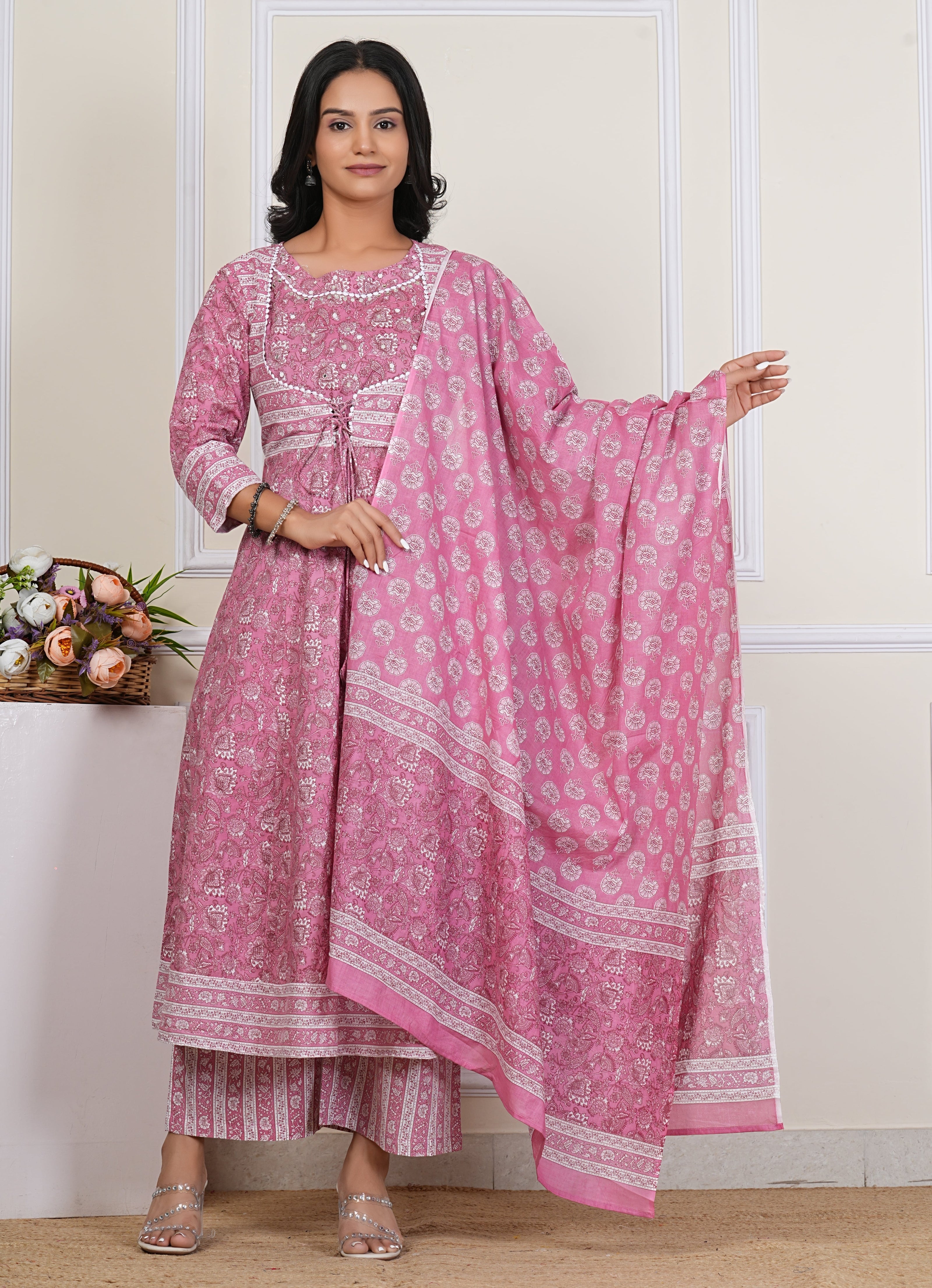Pink Handblock Printed Cotton Kurta Pant Dupatta Set – Elegant Anarkali Style for Women - 1396