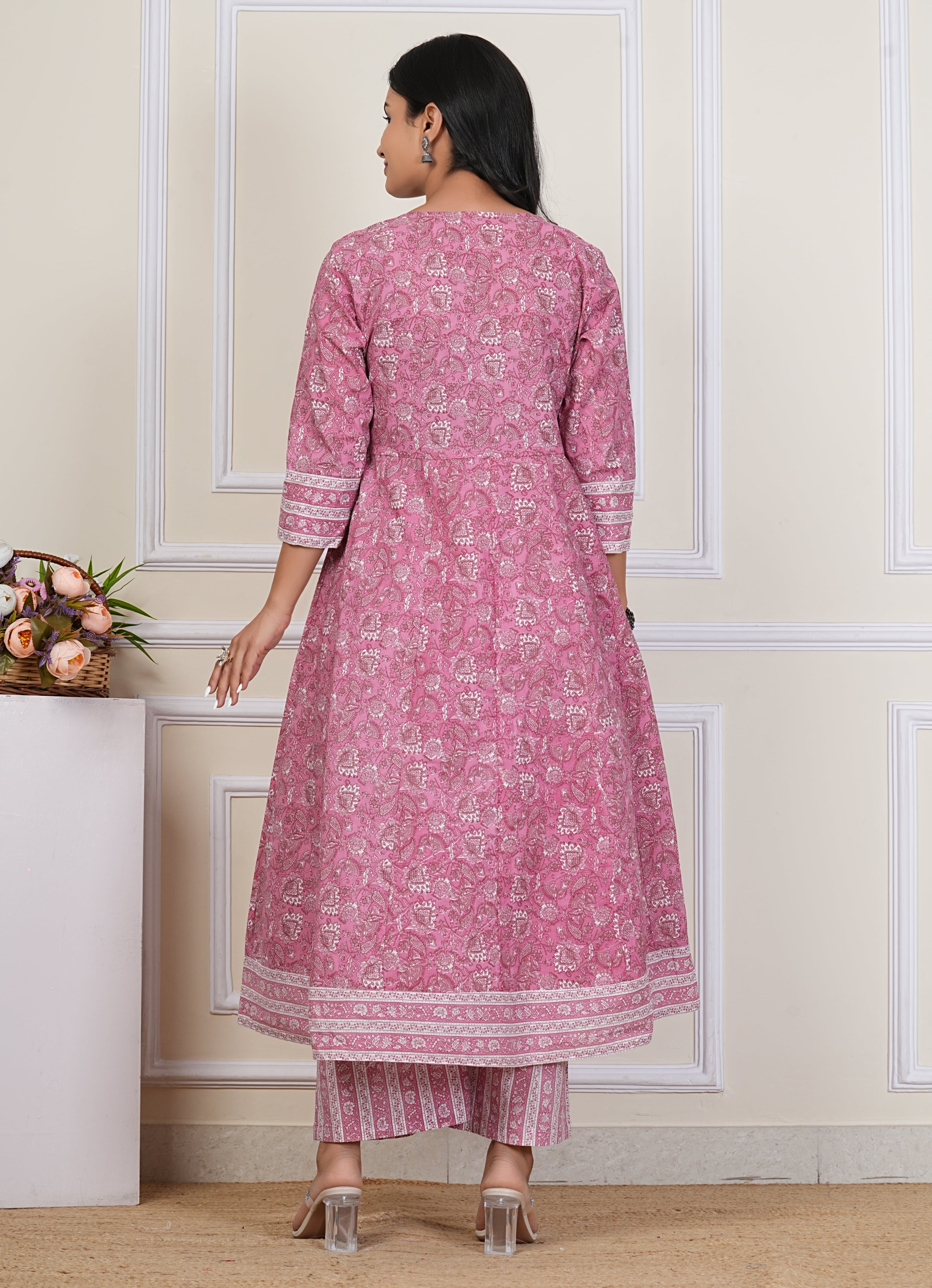 Pink Handblock Printed Cotton Kurta Pant Dupatta Set – Elegant Anarkali Style for Women - 1396