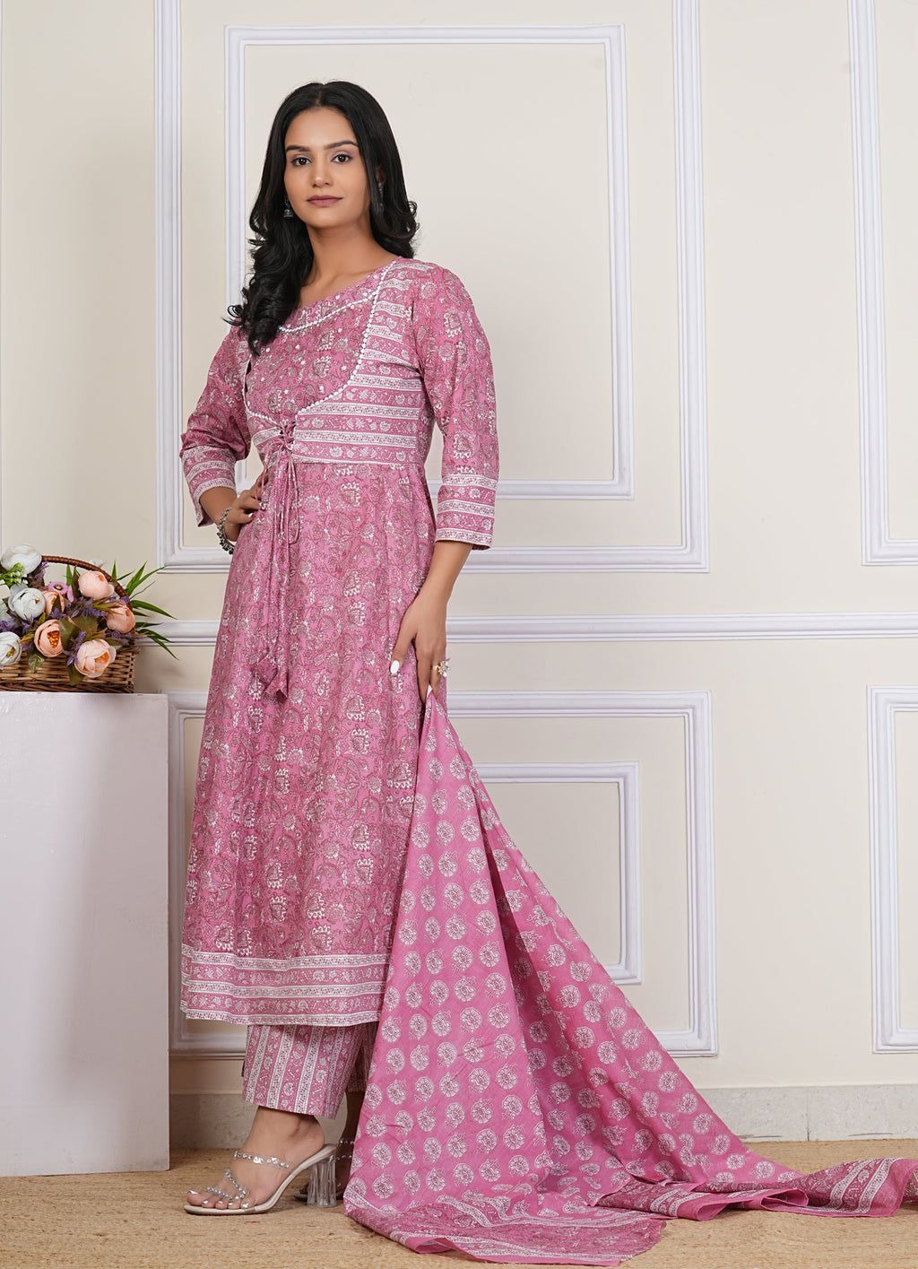 Pink Handblock Printed Cotton Kurta Pant Dupatta Set – Elegant Anarkali Style for Women - 1396