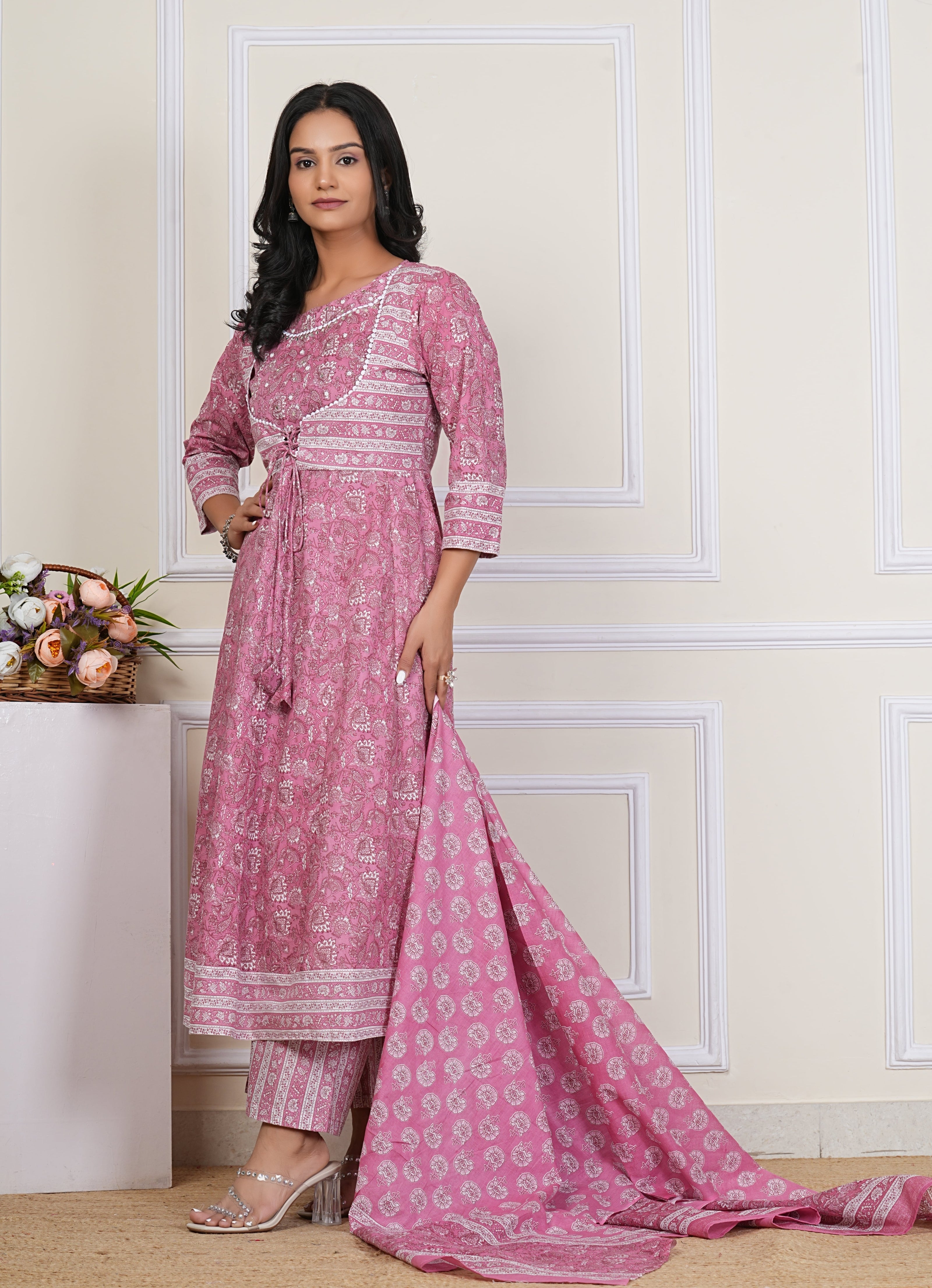 Pink Handblock Printed Cotton Kurta Pant Dupatta Set – Elegant Anarkali Style for Women - 1396
