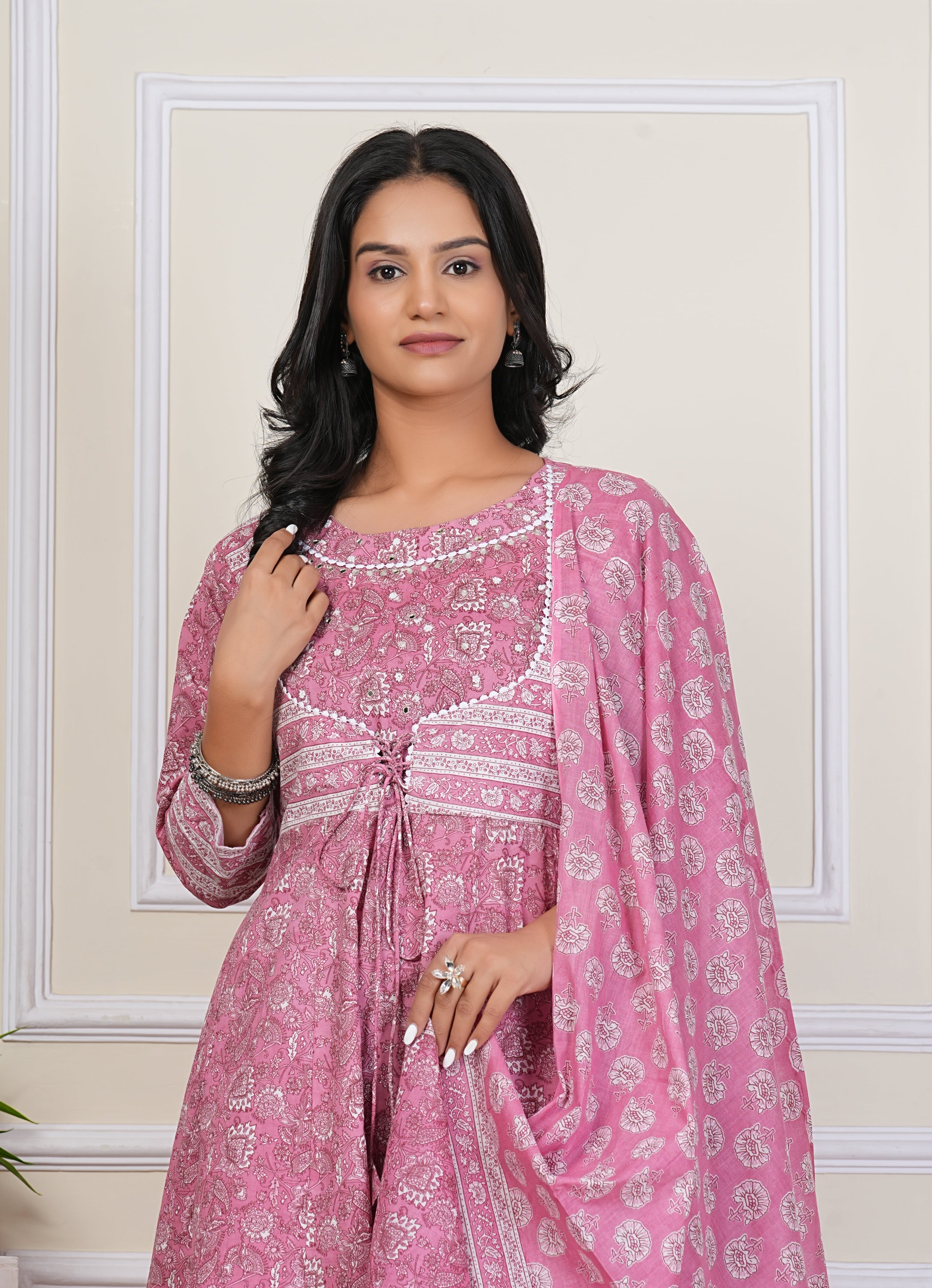 Pink Handblock Printed Cotton Kurta Pant Dupatta Set – Elegant Anarkali Style for Women - 1396