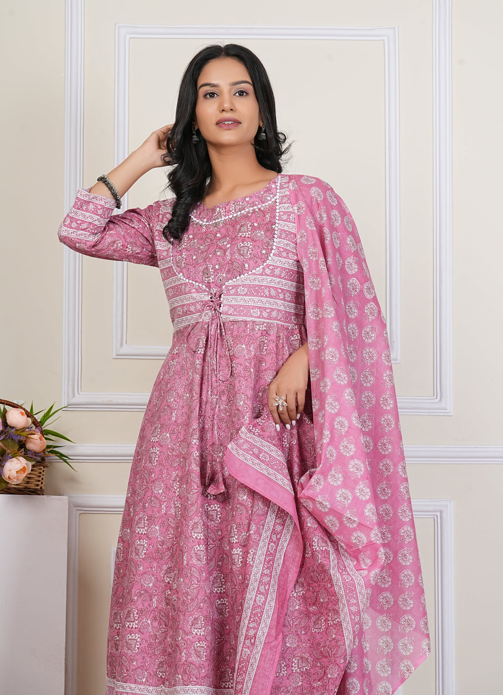 Pink Handblock Printed Cotton Kurta Pant Dupatta Set – Elegant Anarkali Style for Women - 1396