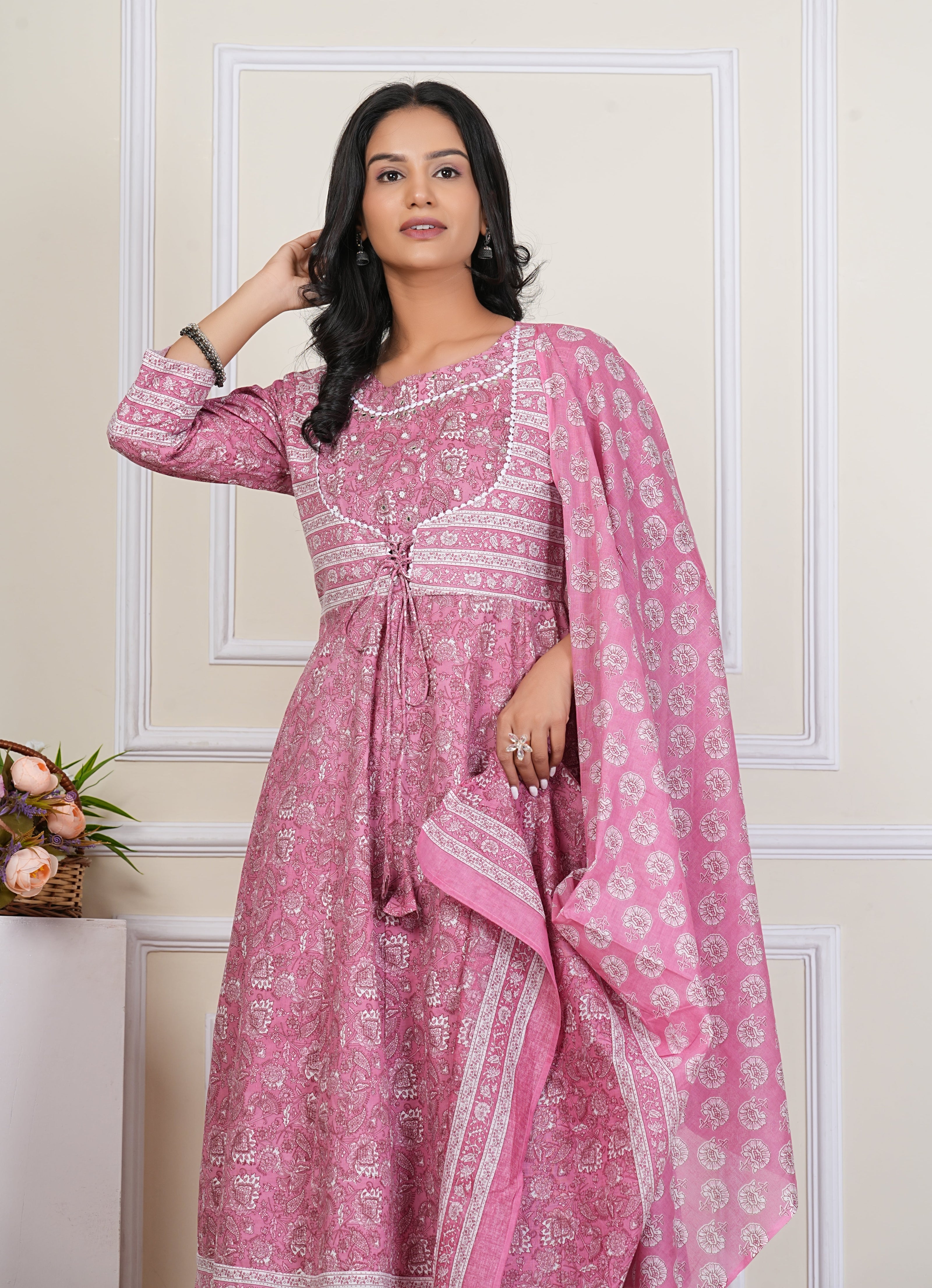 Pink Handblock Printed Cotton Kurta Pant Dupatta Set – Elegant Anarkali Style for Women - 1396