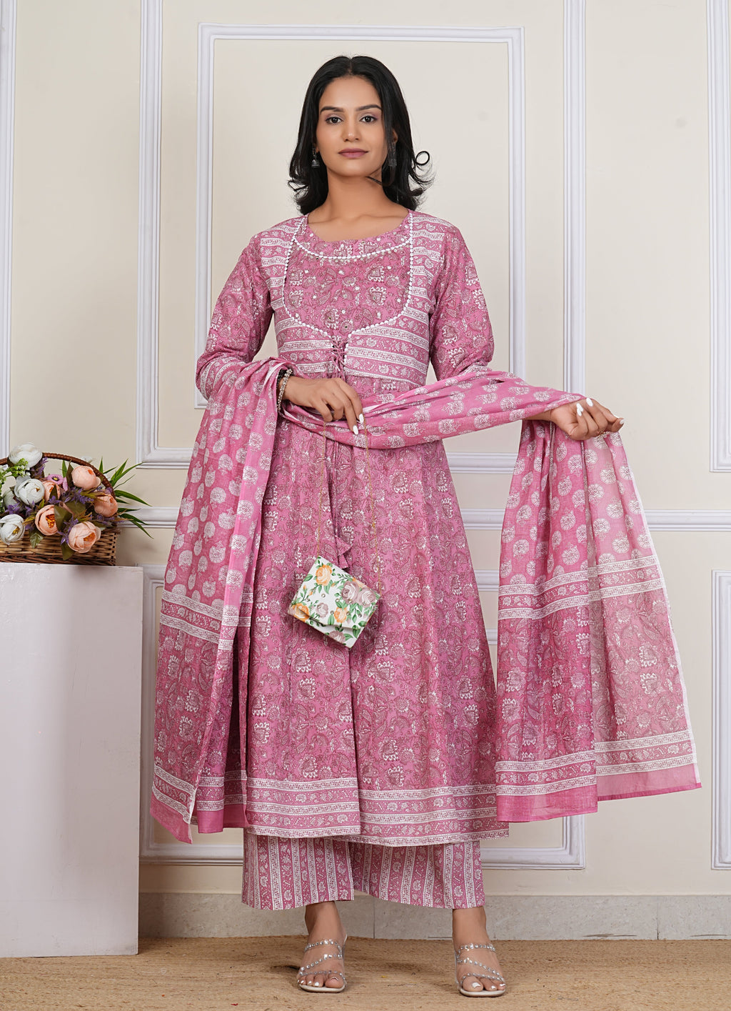 Pink Handblock Printed Cotton Kurta Pant Dupatta Set – Elegant Anarkali Style for Women - 1396