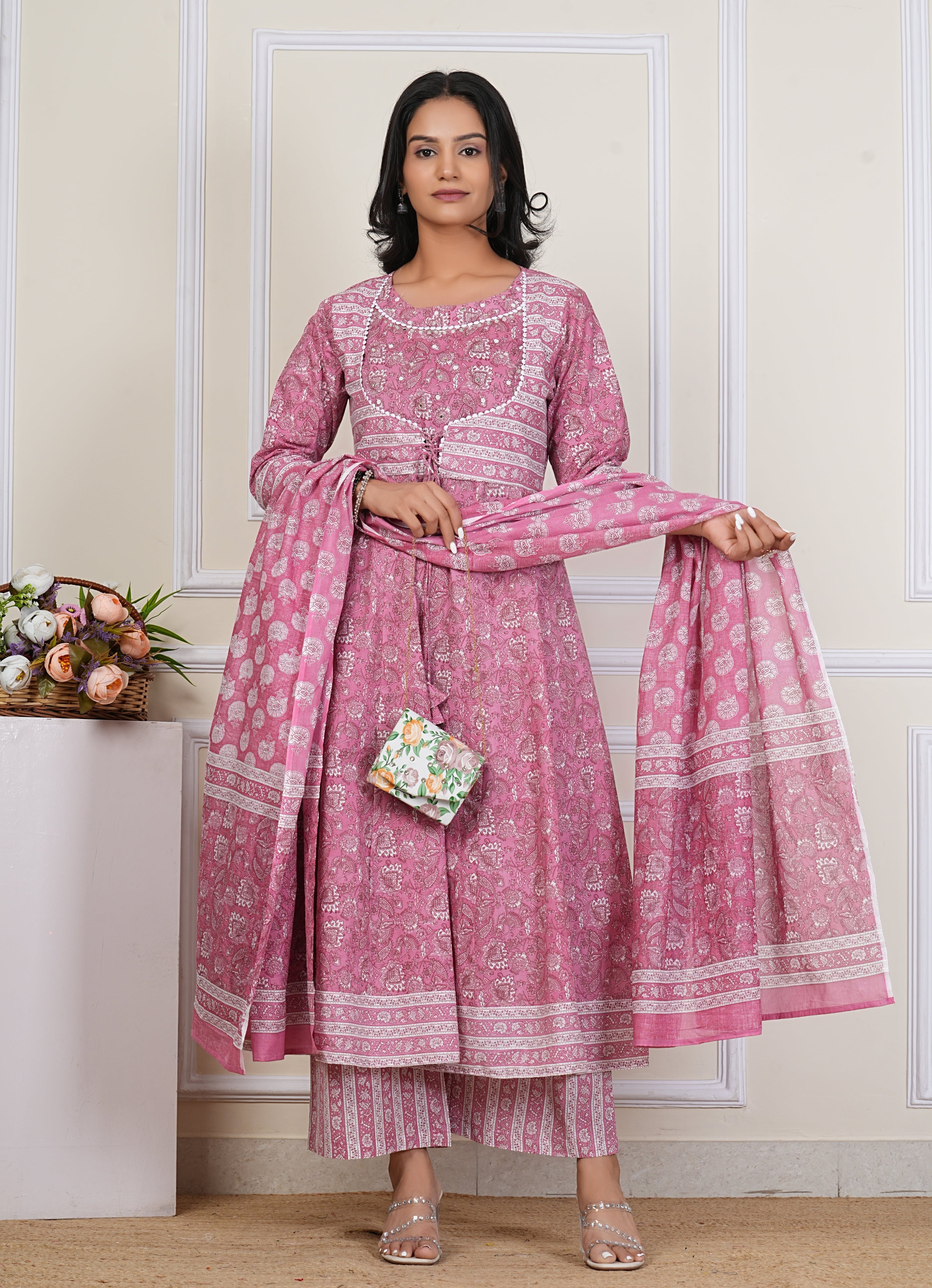 Pink Handblock Printed Cotton Kurta Pant Dupatta Set – Elegant Anarkali Style for Women - 1396