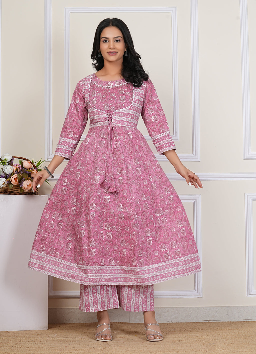 Pink Handblock Printed Cotton Kurta Pant Dupatta Set – Elegant Anarkali Style for Women - 1396