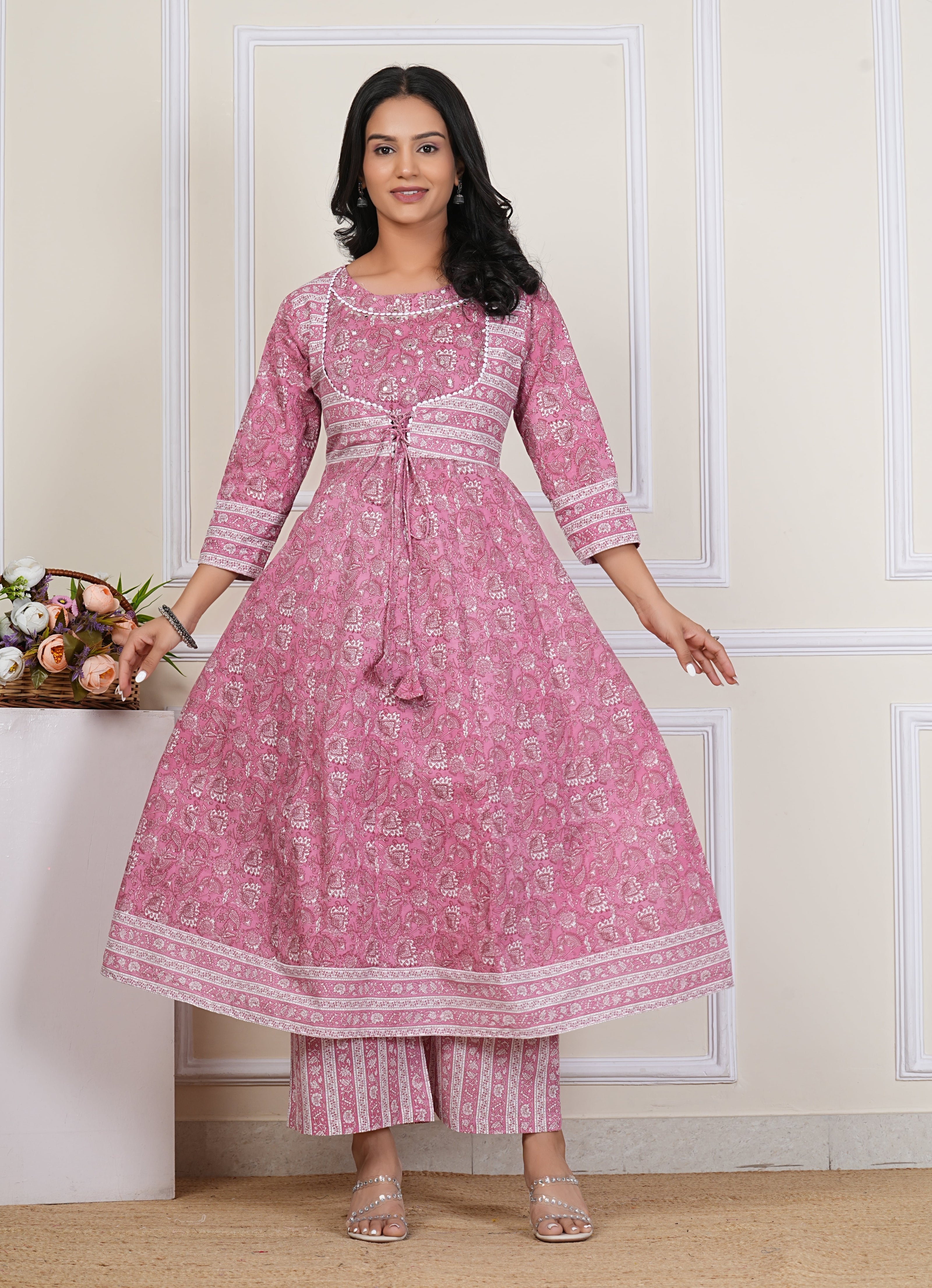 Pink Handblock Printed Cotton Kurta Pant Dupatta Set – Elegant Anarkali Style for Women - 1396