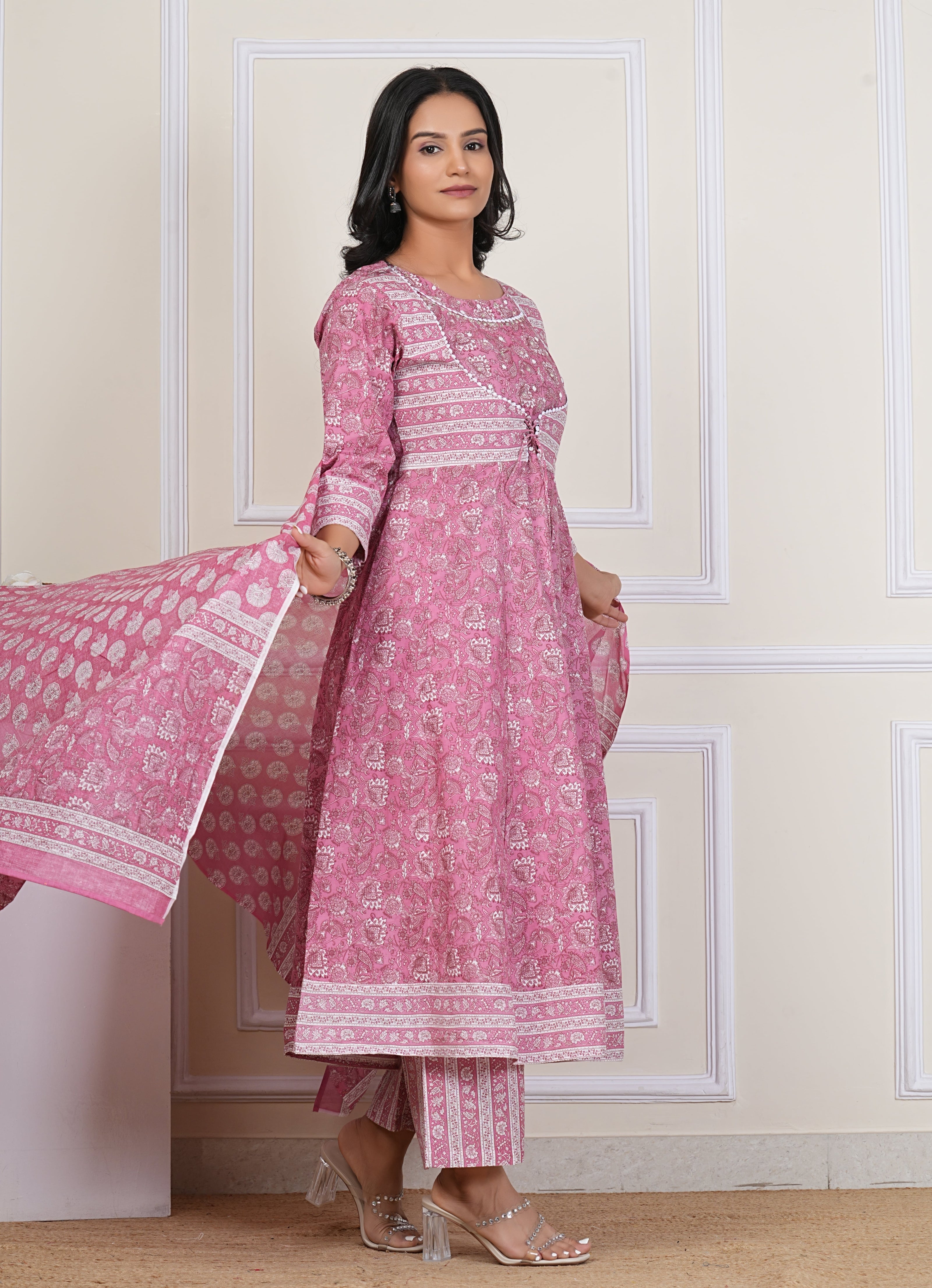 Pink Handblock Printed Cotton Kurta Pant Dupatta Set – Elegant Anarkali Style for Women - 1396