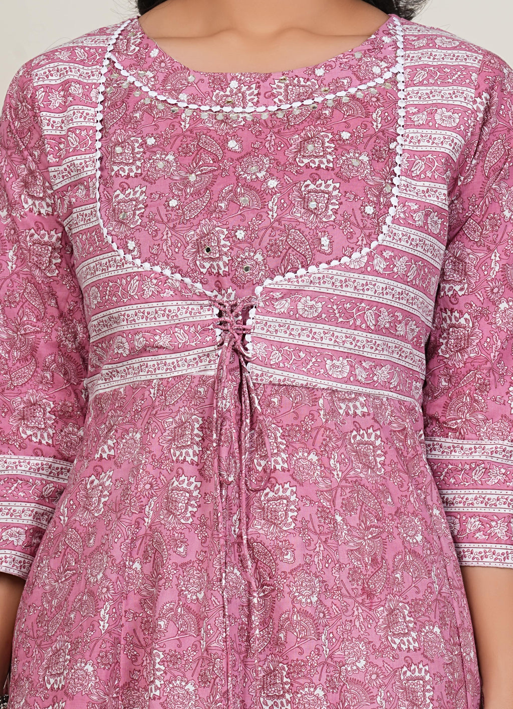 Pink Handblock Printed Cotton Kurta Pant Dupatta Set – Elegant Anarkali Style for Women - 1396