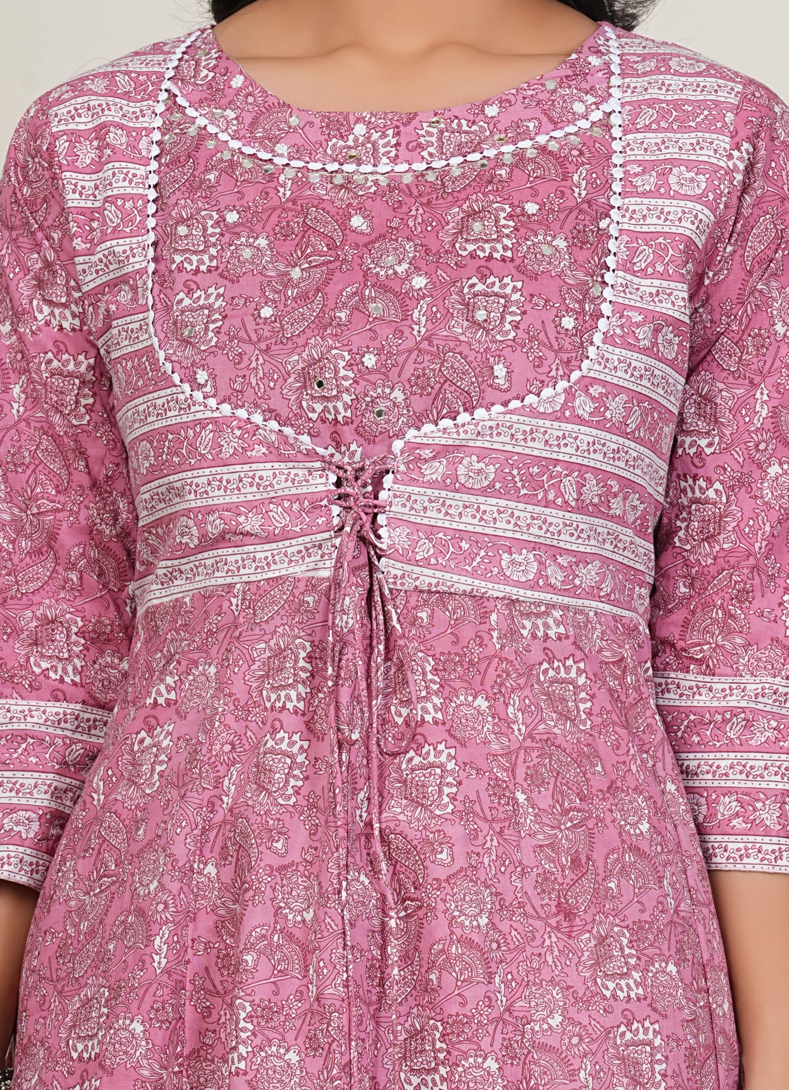 Pink Handblock Printed Cotton Kurta Pant Dupatta Set – Elegant Anarkali Style for Women - 1396